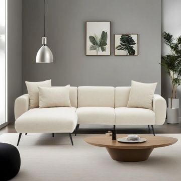 Del Sofa Atelier: Hoekbank van beukenhout in crème bouclette stof
