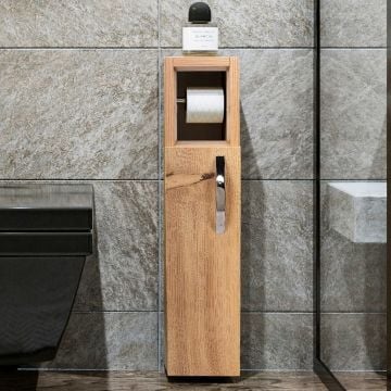 Eiken Toiletkastje | 100% Melaminegecoat Spaanplaathout van 18 mm dik | 15 x 65 x 12 cm | Bevestigbaar aan de muur