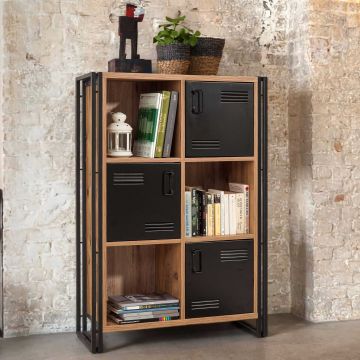Boekenkast Sapphire - 89x35x127cm - 3 deuren - zwart metaal/eikdecor