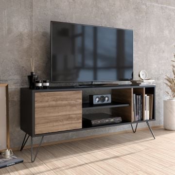 Modern Walnoot Zwart TV-meubel | Melamine coating | Metalen poten | Meerdere planken