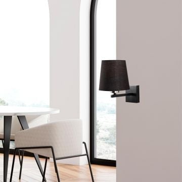 Opviq Wandlamp | Metalen behuizing, stoffen kap | 18x24cm | Hoogte 30cm | E27 Max 40W | IP20 | Zwart Nikkel Crème