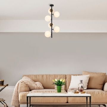 Fulgor kroonluchter | metalen frame | glazen kap | 6-lichts | zwart antiek crème