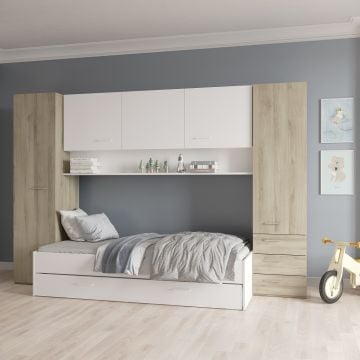 Kinderkamer Tidelle - bed 90x200cm met bedlade en brugkast - wit/eikdecor