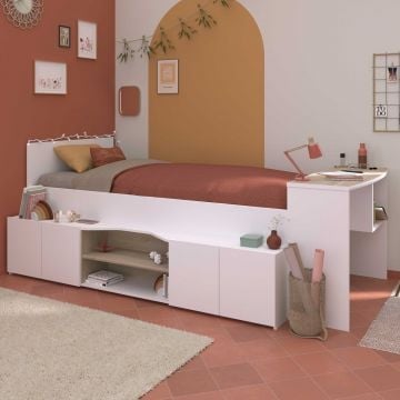 Kinderbed Clio 90x200 met opbergruimte en bureau - wit/eikdecor