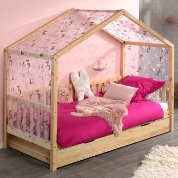 Bedhuisje  Dallas 2 90x200 met bedlade & voile met vlindermotief - dennenhout/roze  