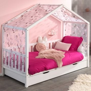 Bedhuisje Dallas 2 90x200 met bedlade & voile met vlindermotief - wit/roze  