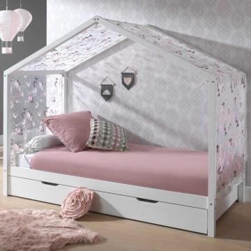 Bedhuisje Dallas 3 90x200 met bedlade & voile met vlindermotief - wit/roze  
