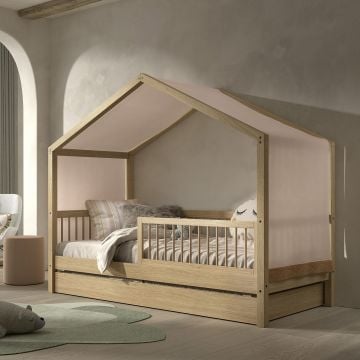 Huisbed Forrest 90x200 met rolbed, uitvalbeveiliging en bedtent - beukenhout/roze