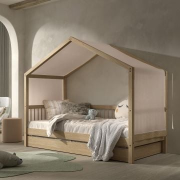 Huisbed Forrest 90x200 met rolbed en bedtent - beukenhout/roze