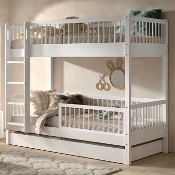 Stapelbed Forrest 90x200cm met bedlade en bedhekje - wit beukenhout 