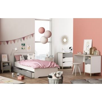 Kinderkamer Gerry: bed 90x190/200cm met lade, nachtkastje, commode, bureau - wit