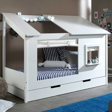 Bedhuisje Lio 90x200 met bedlade en gordijntjes - wit 