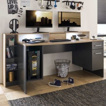 Gaming bureau Tudi incl. verlichting - grijs/hout