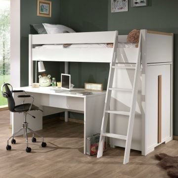 Hoogslaper London 90x200 met kast en bureau - wit