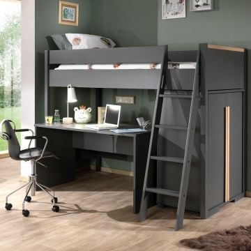 Hoogslaper London 90x200 met kast en bureau - antraciet