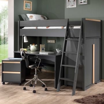 Hoogslaper London 90x200 met kast, bureau en ladeblok - antraciet