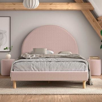Gestoffeerd bed Maeva 140x200cm met twee nachttafeltjes - roze bouclé stof