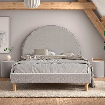 Gestoffeerd bed Maeva 140x200cm met twee nachttafeltjes - grijze bouclé stof