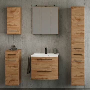 Badkamerset Manchester | Wastafelkast, kolomkast, spiegelkast met verlichting, hangkast, bijzetkast | Wotan Oak