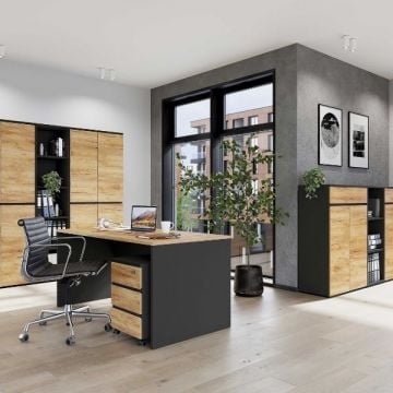 Kantoorset Richy | Bureautafel, ladekast, middelgrote en grote archiefkasten en -schappen | Eiken-antraciet design