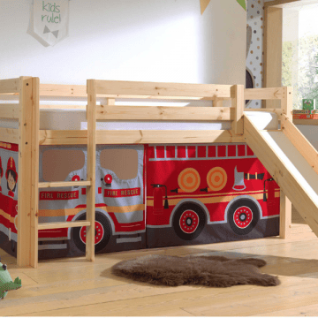 Halfhoogslaper met glijbaan Astrid met bedtent Fire Truck - dennenhout