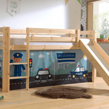 Halfhoogslaper met glijbaan Astrid met bedtent Police - dennenhout