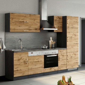 Kitchenette Sorrella 270cm met oven, vaatwas en koelkast - eik/grafiet