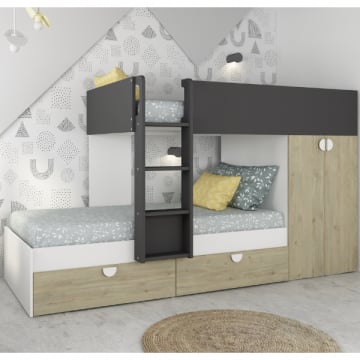 Stapelbed Jip met kast & lades - eik/wit/grijs