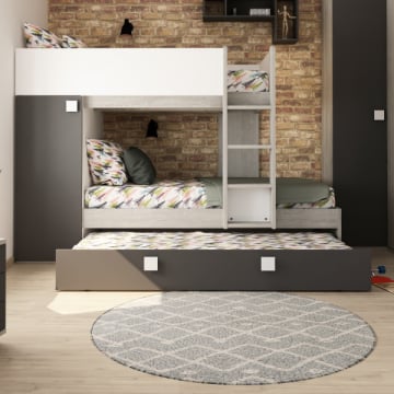 Stapelbed Lio met kast & bedlade - grenen/wit/grijs