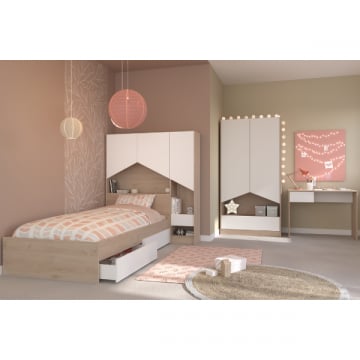 Slaapkamerset Shelby | Eenpersoonsbed, Bedladenset, Achterbouwstuk, Kledingkast, Bureau