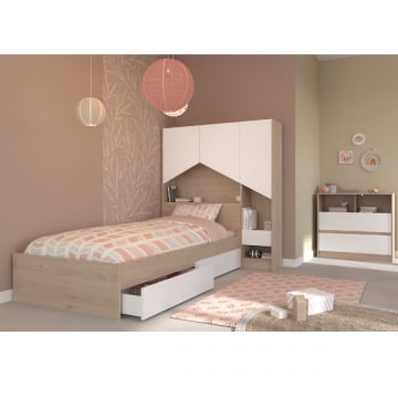 Slaapkamerset Shelby | Eenpersoonsbed, Bedladenset, Achterbouwstuk, Commode