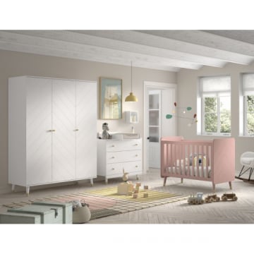 Slaapkamerset Billy - Driedeurskleerkast, commode, verversplank & babybed - Roze/wit