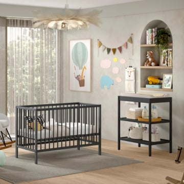 Babykamer Dino: babybed 60x120cm en verzorgingstafel - antraciet dennenhout