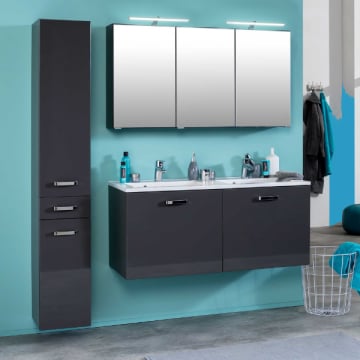 Badkamer Bobbi: kolomkast, spiegelkast met ledverlichting, wastafelmeubel - hoogglans grijs