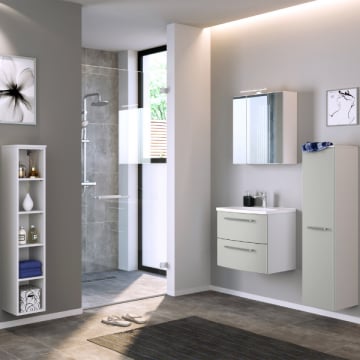 Badkamer Gene: rekje, spiegelkast, wastafelmeubel, kolomkast - wit/lichtgrijs
