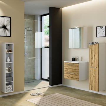 Badkamer Gene: rekje, spiegelkast, wastafelmeubel, kolomkast - wit/eik