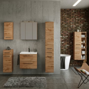 Badkamer Malvo: hangkastjes, spiegelkast, wastafelmeubel, kolomkasten - eik