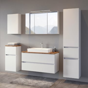 Badkamer Pisca: hangkastjes, spiegelkast, wastafelmeubel, kolomkast - wit