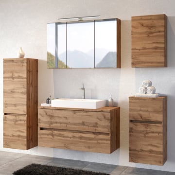 Badkamer Pisca: hangkastjes, spiegelkast, wastafelmeubel, kolomkast - eikdecor