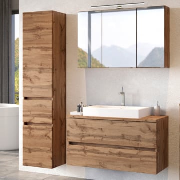 Badkamer Pisca: spiegelkast, wastafelmeubel, kolomkast - eikdecor