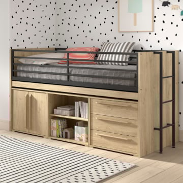 Halfhoogslaper Sammie 90x200cm - met bureau en opbergruimte - eikdecor
