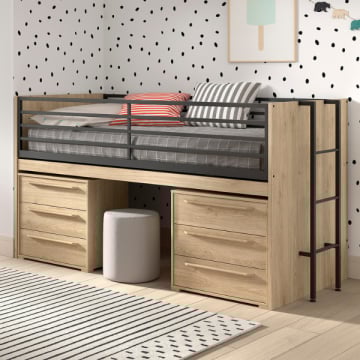 Halfhoogslaper Sammie 90x200cm - met bureau en ladekasten - eikdecor