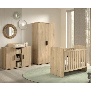 Babykamer Sammie: meegroeibed, commode met luierplank, kleerkast - eikdecor