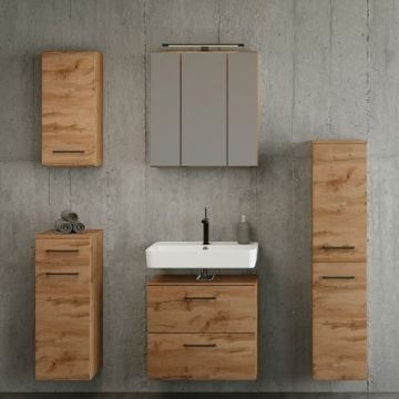 Badkamerset Manchester | Wastafelkast, kolomkast, spiegelkast met verlichting, hangkast, bijzetkast | Wotan Oak