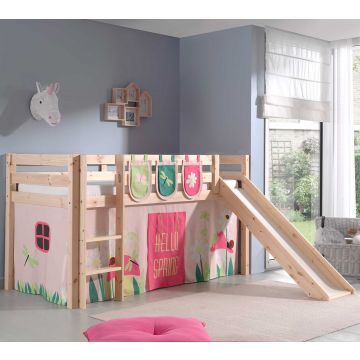 Halfhoogslaper met glijbaan Astrid met bedtent & opbergzakjes Spring - dennenhout