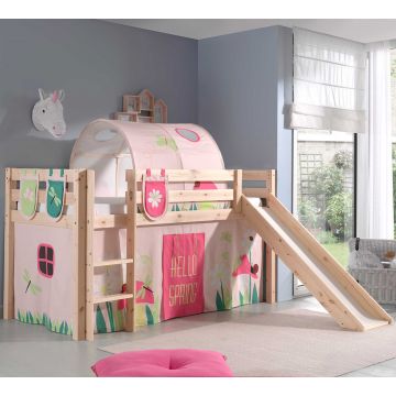 Halfhoogslaper met glijbaan Astrid met bedtent, -tunnel & opbergzakjes Spring - dennenhout