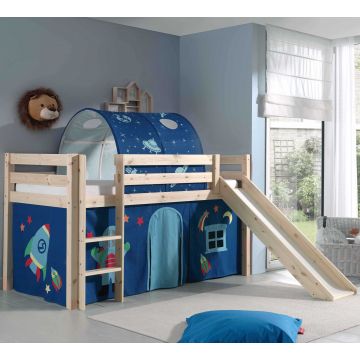 Halfhoogslaper met glijbaan Astrid met bedtent en -tunnel Astro - dennenhout