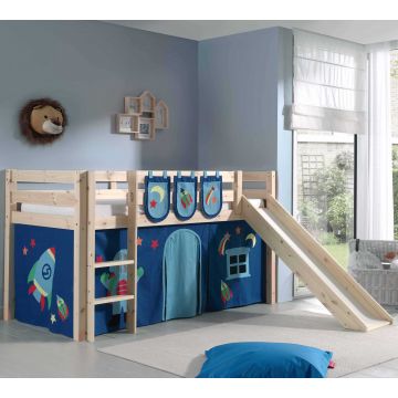 Halfhoogslaper met glijbaan Astrid met bedtent & opbergzakjes Astro - dennenhout
