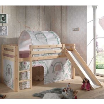Halfhoogslaper met glijbaan Astrid met bedtent & bedtunnel Birdy - dennenhout