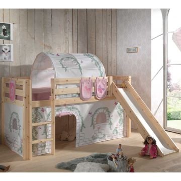 Halfhoogslaper met glijbaan Astrid met bedtent, -tunnel & opbergzakjes Birdy - dennenhout
